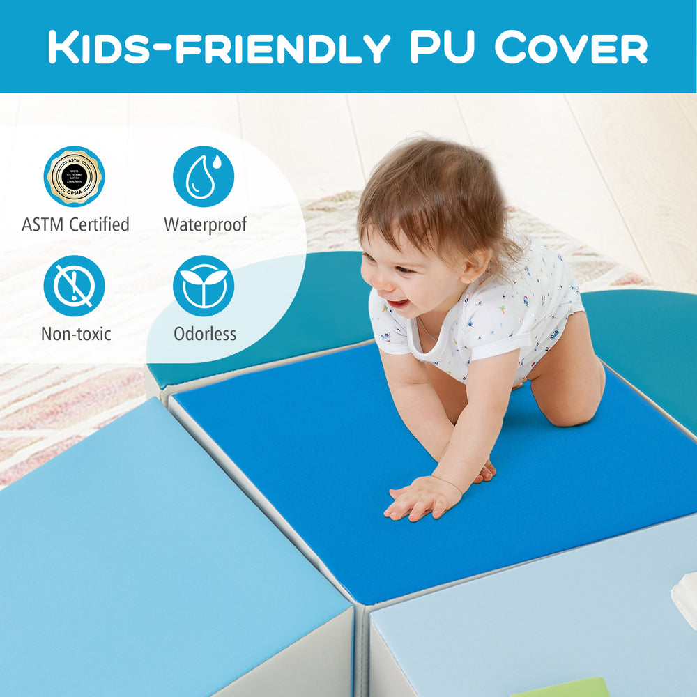 Blue 6-piece soft play set with climbing triangle and ramp, made of waterproof PU leather for toddlers' safe play.