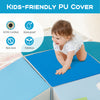 Blue 6-piece soft play set with climbing triangle and ramp, made of waterproof PU leather for toddlers' safe play.