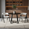 Mid-century dining set featuring a 36” round pedestal table and 2 sherpa upholstered chairs, ideal for compact spaces.