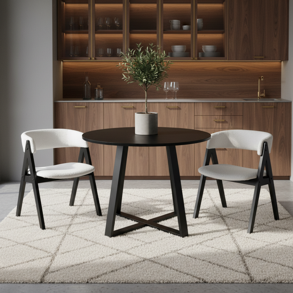 Mid-century dining set featuring a 36” round pedestal table and 2 sherpa upholstered chairs, ideal for compact spaces.