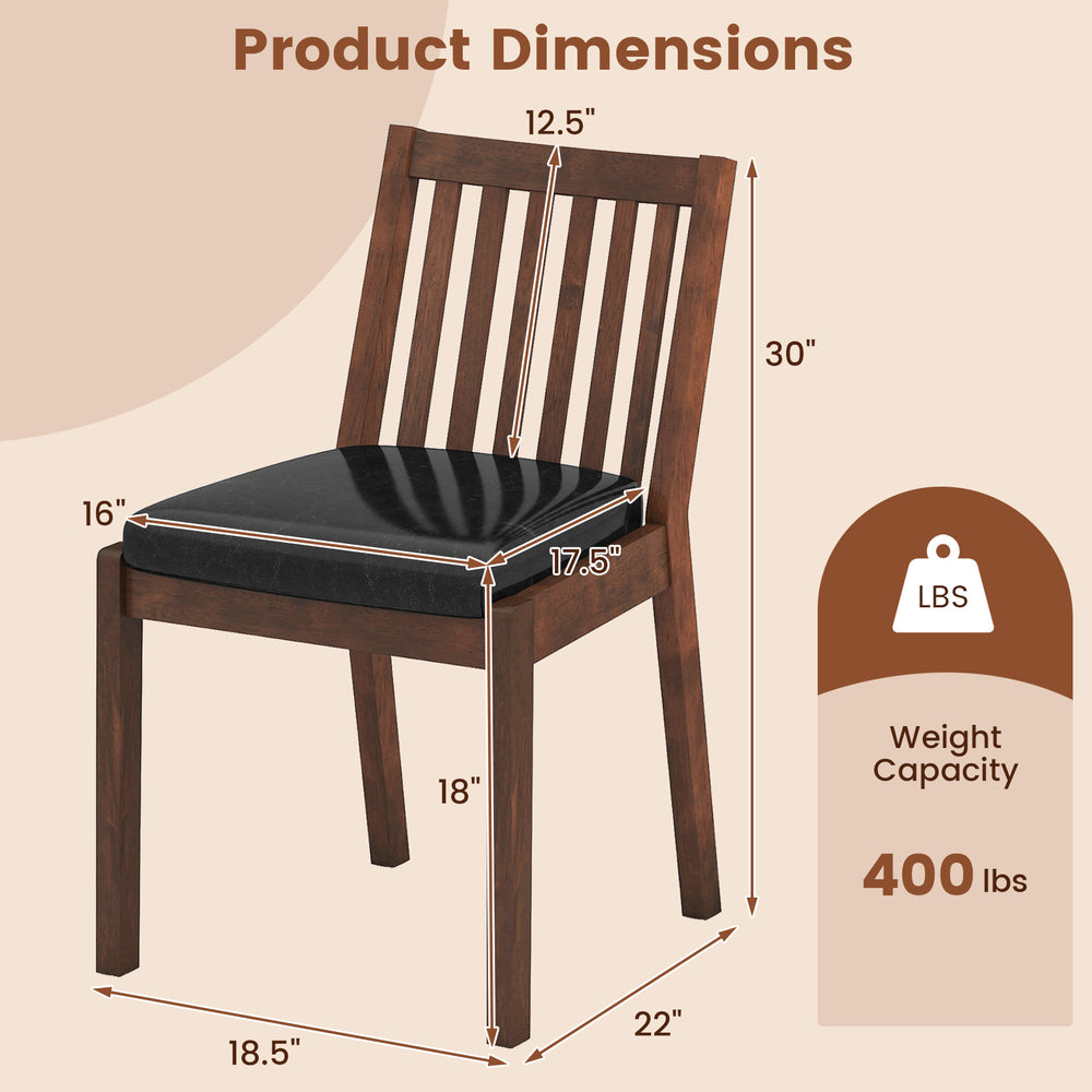 Product dimensions of espresso PU leather upholstered dining chair, featuring a padded seat and ergonomic slanted.