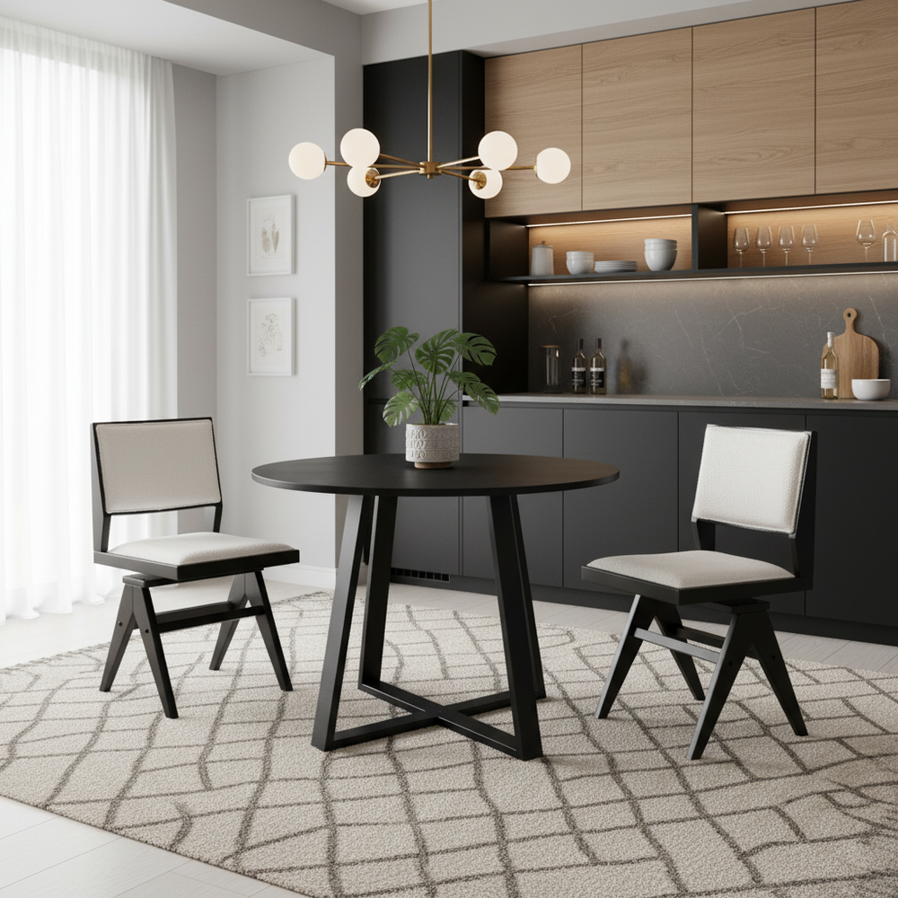 Mid-century 3-piece dining set featuring a 36" round pedestal table and 2 swivel sherpa upholstered chairs for small.