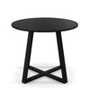 Round pedestal dining table with a solid rubber wood frame, featuring a sleek black finish for modern dining spaces.