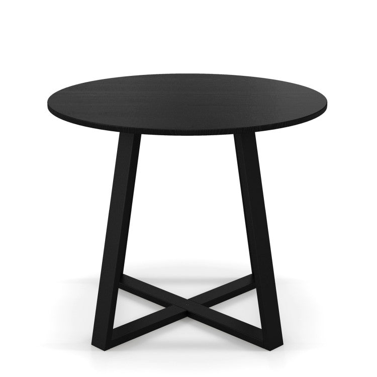 Round pedestal dining table with a solid rubber wood frame, featuring a sleek black finish for modern dining spaces.