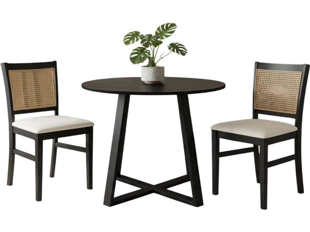3-Piece Mid-Century Dining Set with 36” Round Pedestal Table and 2 Farmhouse Rattan Dining Chairs