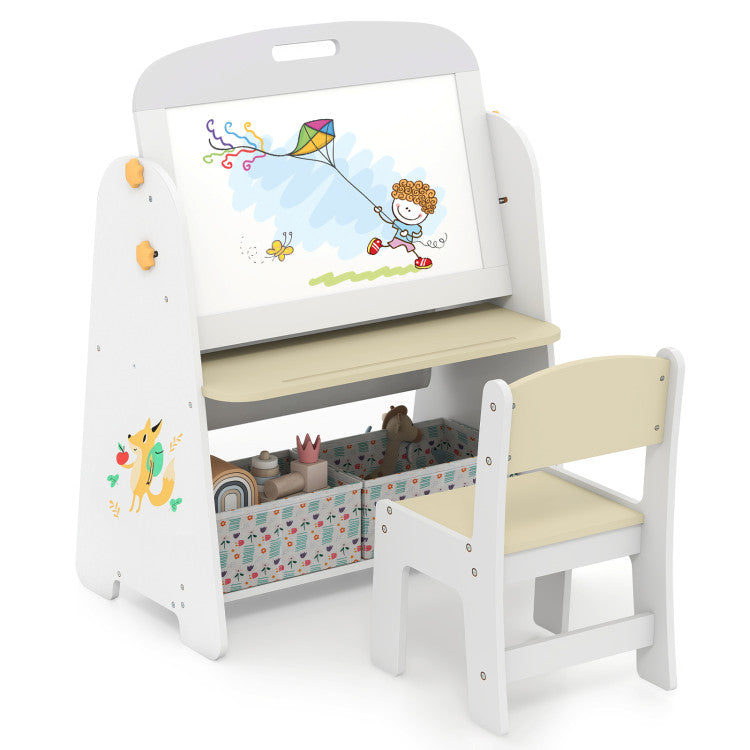 Kids bedroom furniture set featuring a dual-sided easel, bookshelf, and chair for reading and learning activities.