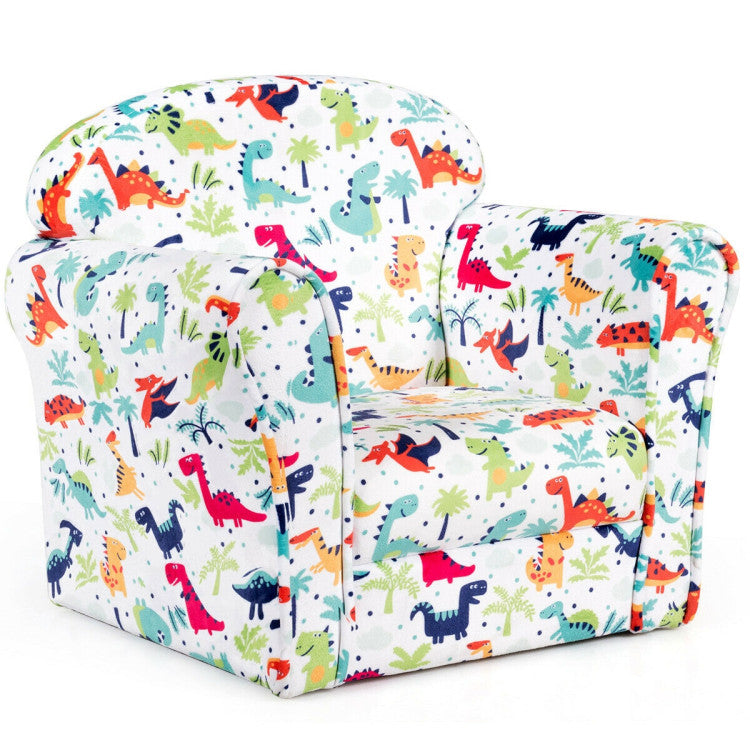 Kids sofa with colorful dinosaur print, designed for reading and resting, part of a complete kids bedroom furniture set.