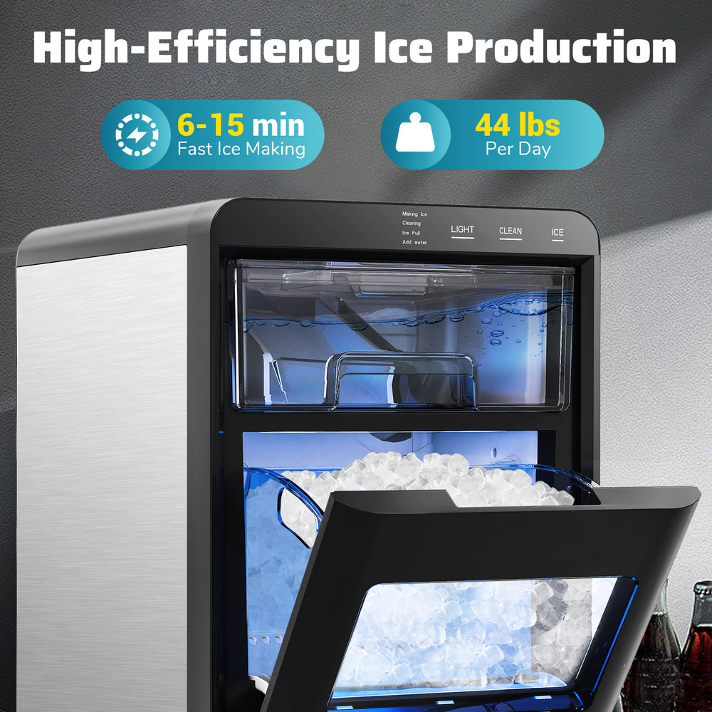 Nugget ice maker with a clear bin, producing soft, chewable ice for coffee, featuring fast ice production and compact.