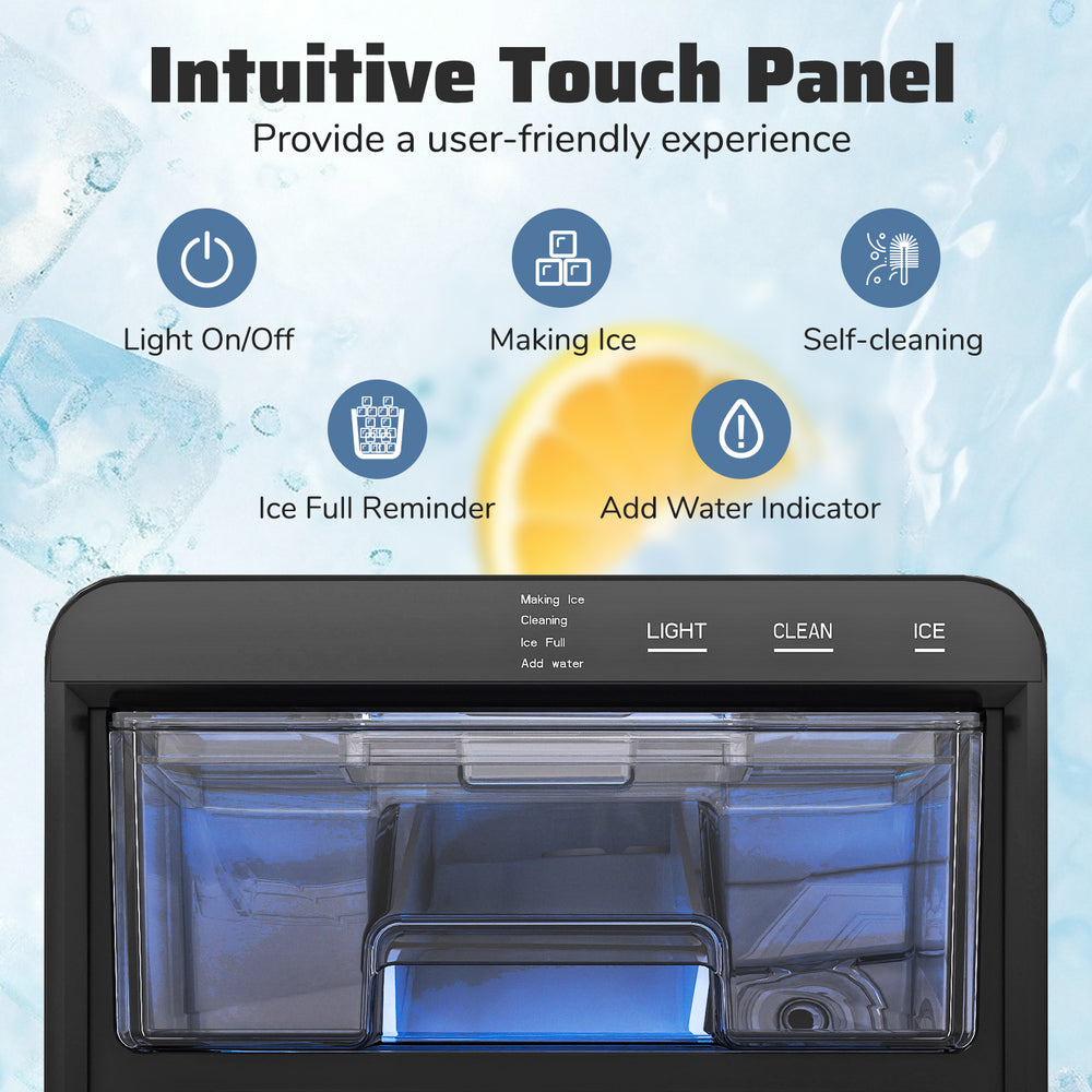 Intuitive touch panel of the Premium Ice and Coffee Duo, featuring controls for ice making and self-cleaning functions.