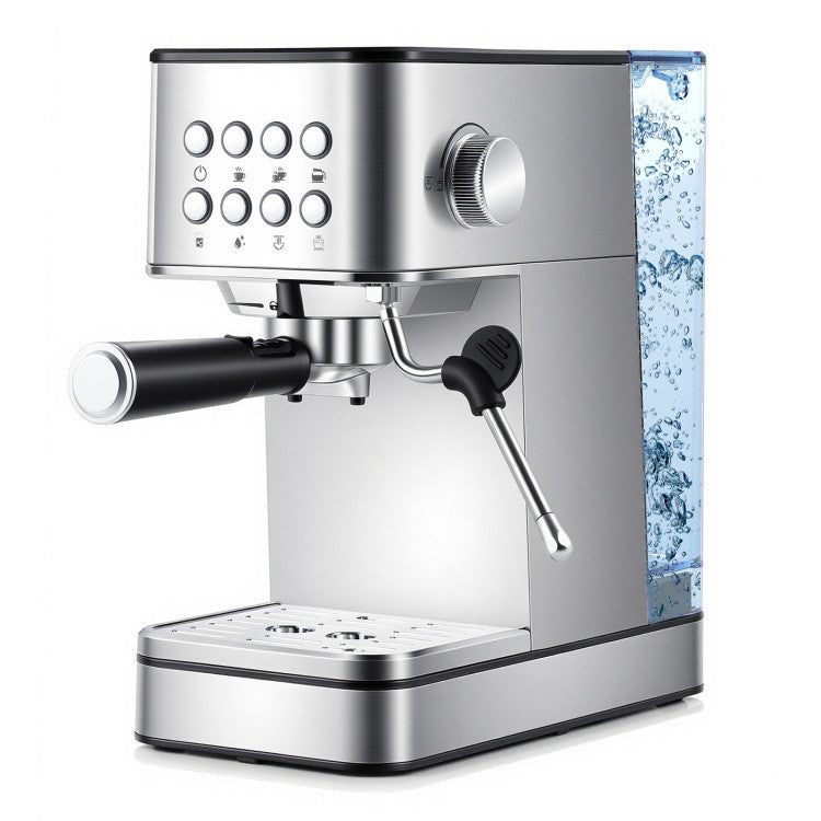 20-bar stainless espresso machine with integrated steam wand and water reservoir for premium coffee and nugget ice.