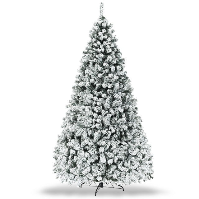 Snowy flocked Christmas tree with dense branches, perfect for creating a cozy winter ambiance in your home.