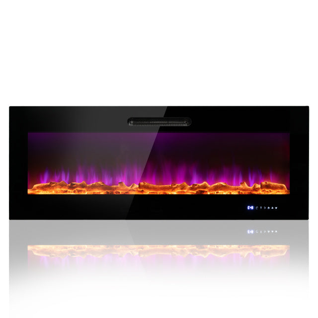 Recessed electric fireplace with customizable flame colors, designed for cozy winter ambiance and easy installation.