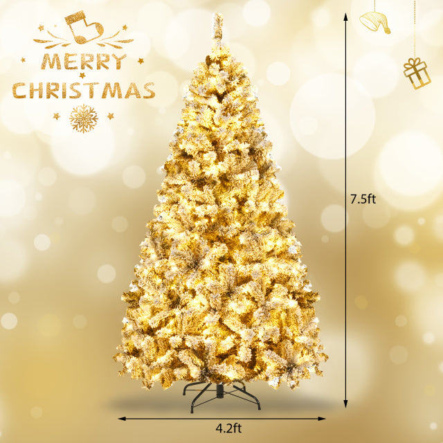 Snowy 7.5ft pre-lit Christmas tree with warm white LEDs, perfect for holiday ambiance and cozy winter scenes.