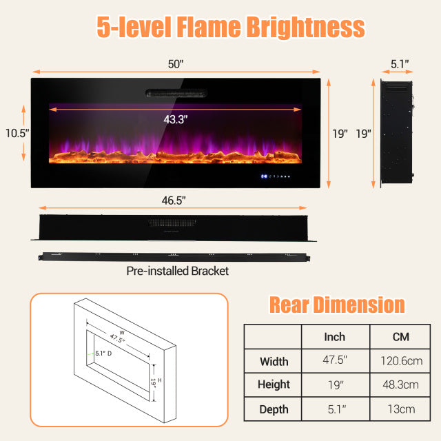 50" recessed electric fireplace with customizable flame colors and pre-installed bracket for cozy holiday decor.