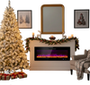 Snowy pre-lit Christmas tree and 50" recessed electric fireplace create a cozy holiday ambiance in a festive living.