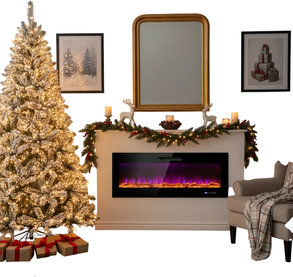 Snowy pre-lit Christmas tree and 50" recessed electric fireplace create a cozy holiday ambiance in a festive living.