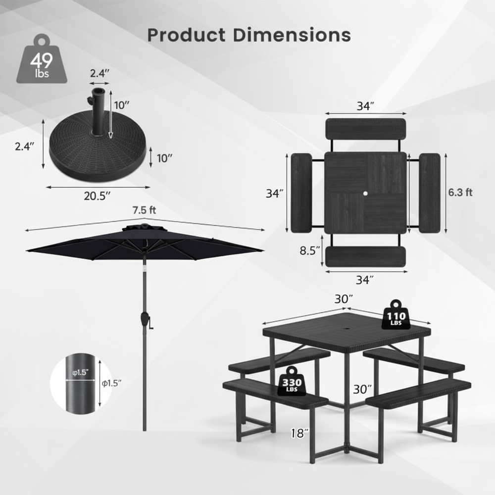 Dimensions diagram of the Outdoor Picnic Table Bench Set with 7.5 ft umbrella and 49 lbs base for outdoor use.