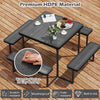 Outdoor picnic table bench set with umbrella, made of durable HDPE material, perfect for dining and relaxation for 4-8.