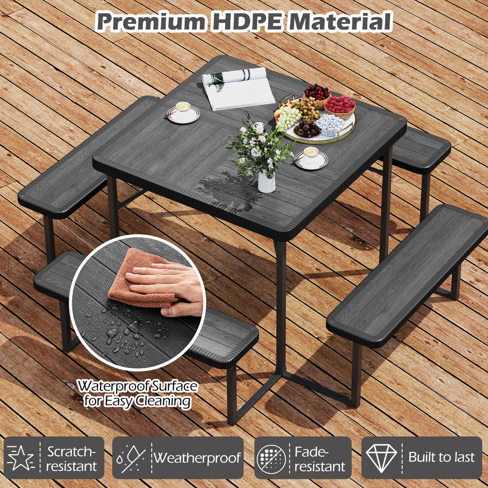 Outdoor picnic table bench set with umbrella, made of durable HDPE material, perfect for dining and relaxation for 4-8.