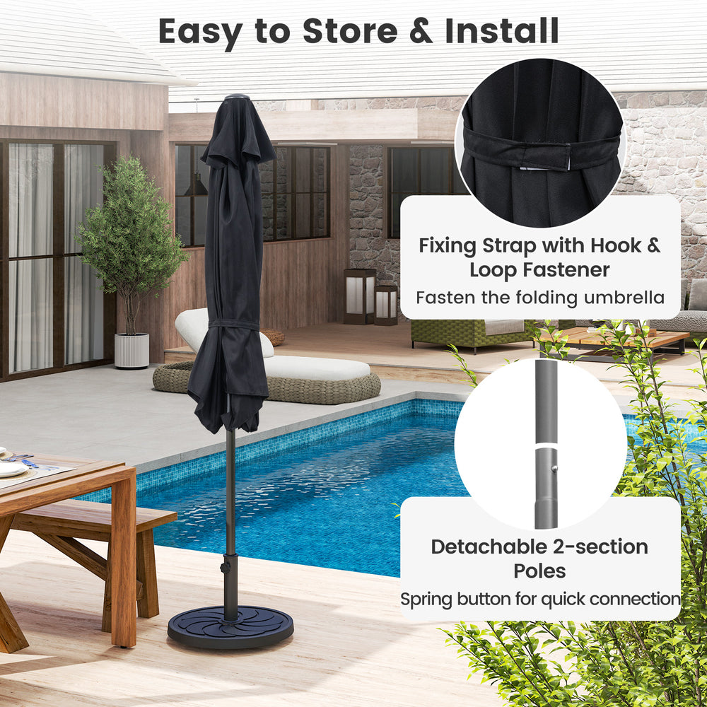 Outdoor picnic table bench set with 7.5 ft umbrella and 49 lbs base, perfect for shaded dining and relaxation.