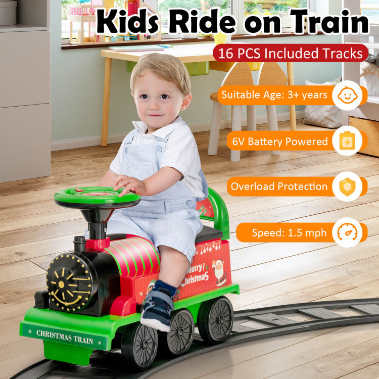 Kids ride-on train set with 16 tracks, 6V battery, and comfortable 2-seater carriage for ages 3+ for fun group play.