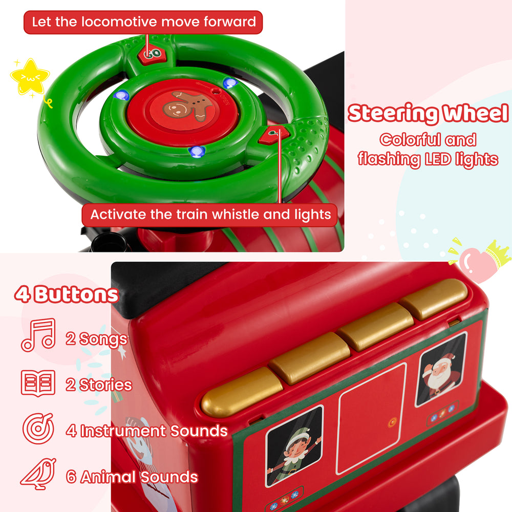 Colorful steering wheel with flashing LED lights and buttons for sounds on the 6V Toddler Ride On Train Combo.