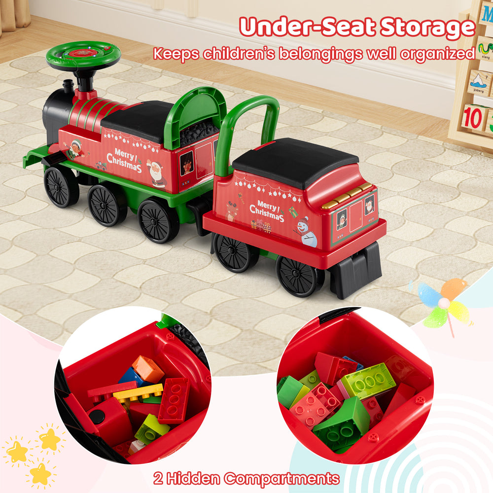 Colorful 6V toddler ride-on train with under-seat storage and hidden compartments for toys, perfect for group play.