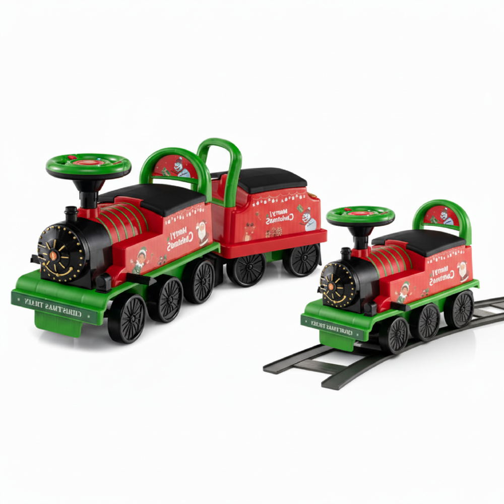 Toddler ride-on train combo with 6V battery, includes 2-seater carriage and 16 track pieces for fun group play.