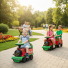 Two children riding the 6V Toddler Ride On Train Combo on a track, enjoying fun outdoor playtime in a park.