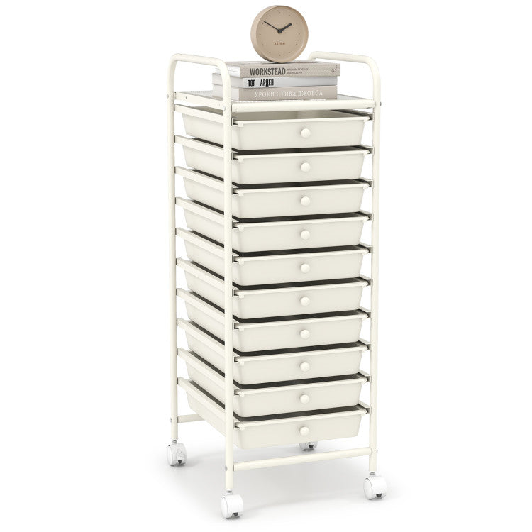 Multi-drawer cart with 10 removable drawers on wheels, ideal for organized storage in home offices or living spaces.