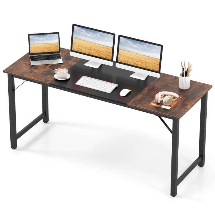 Spacious 63" desk with rustic finish, ideal for home office setups, featuring multiple monitors and ergonomic design.