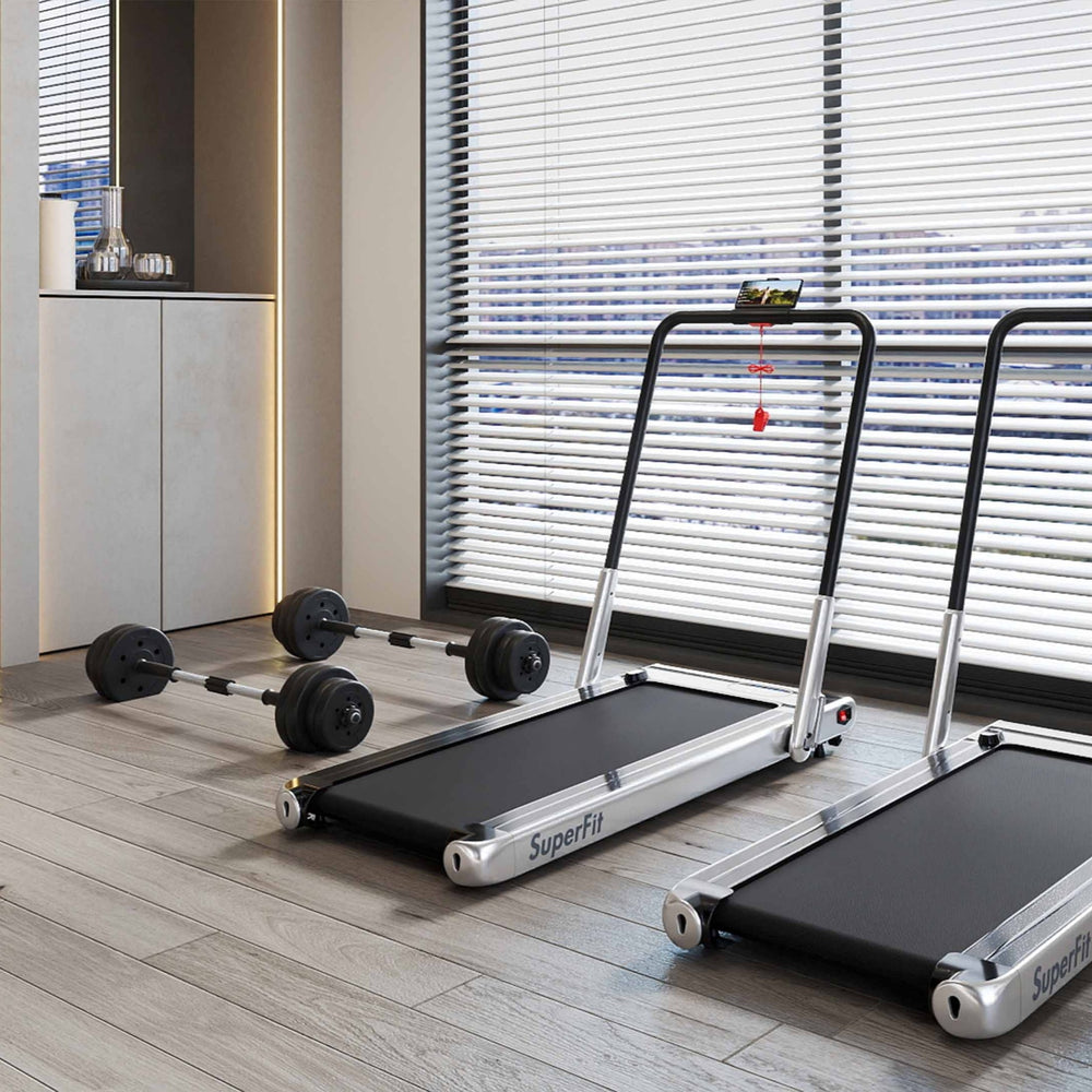 3-in-1 folding treadmill and dumbbell weight set in a fitness room, featuring a 3HP motor and Bluetooth connectivity.