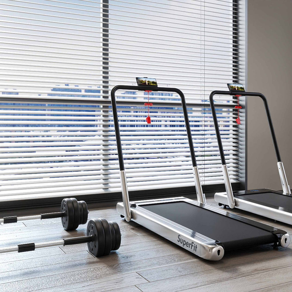 Folding treadmill with a 3HP motor and dumbbell weight set, ideal for home fitness and versatile workouts.
