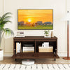 Mid Century fluted TV stand in walnut with metal legs, featuring open compartment and hidden storage for a tidy space.