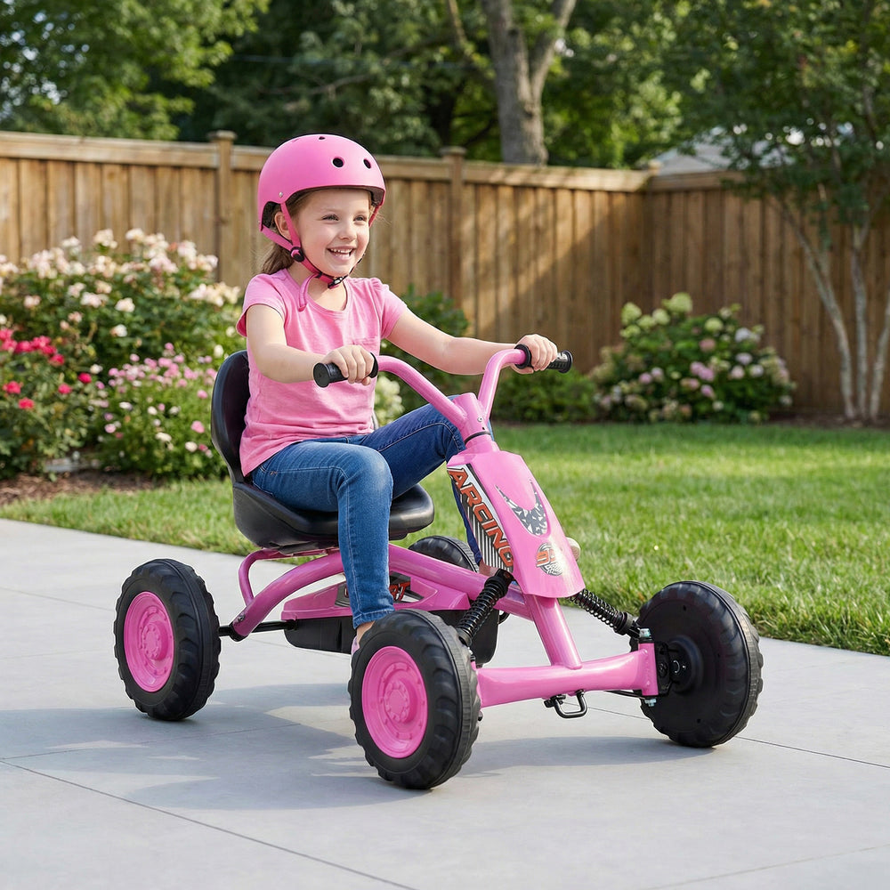 Go Kart for Kids 4 Wheel with Steering Handlebars and Adjustable Seat-Pink - Gallery View 1 of 11