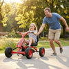 Red go-kart for kids with adjustable seat, sturdy metal frame, and anti-slip wheels, perfect for outdoor fun.