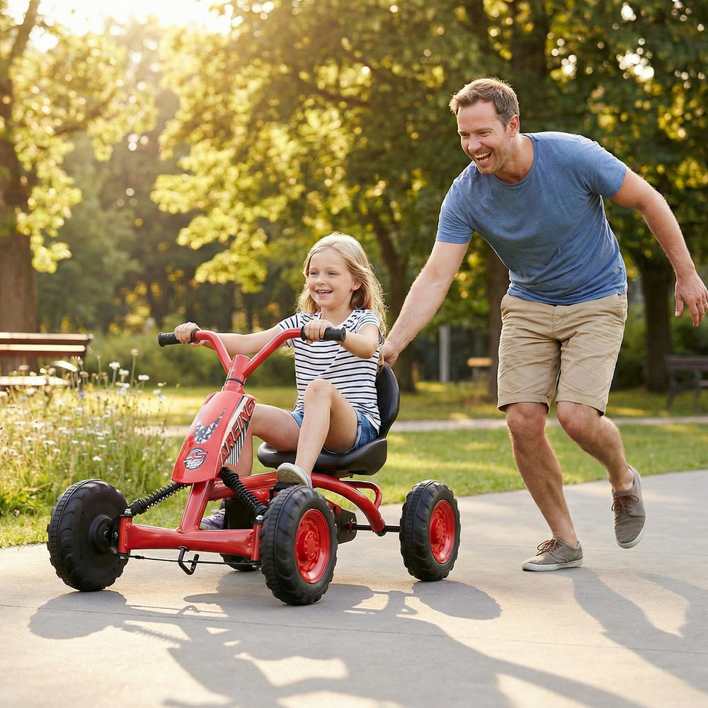 Red go-kart for kids with adjustable seat, sturdy metal frame, and anti-slip wheels, perfect for outdoor fun.