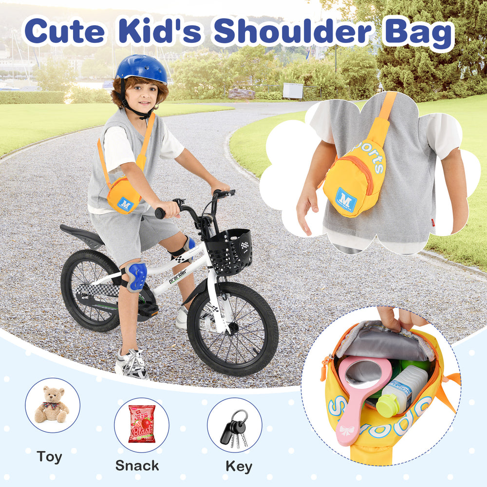 16-inch kids bike in navy with adjustable saddle, hand brake, and removable training wheels for safe riding.