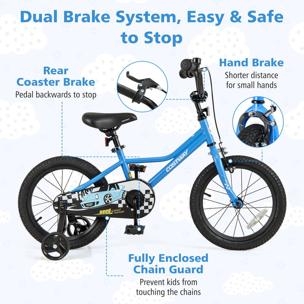 16-inch kids bike in navy with hand brake, rear coaster brake, and fully enclosed chain guard for safety and fun riding.