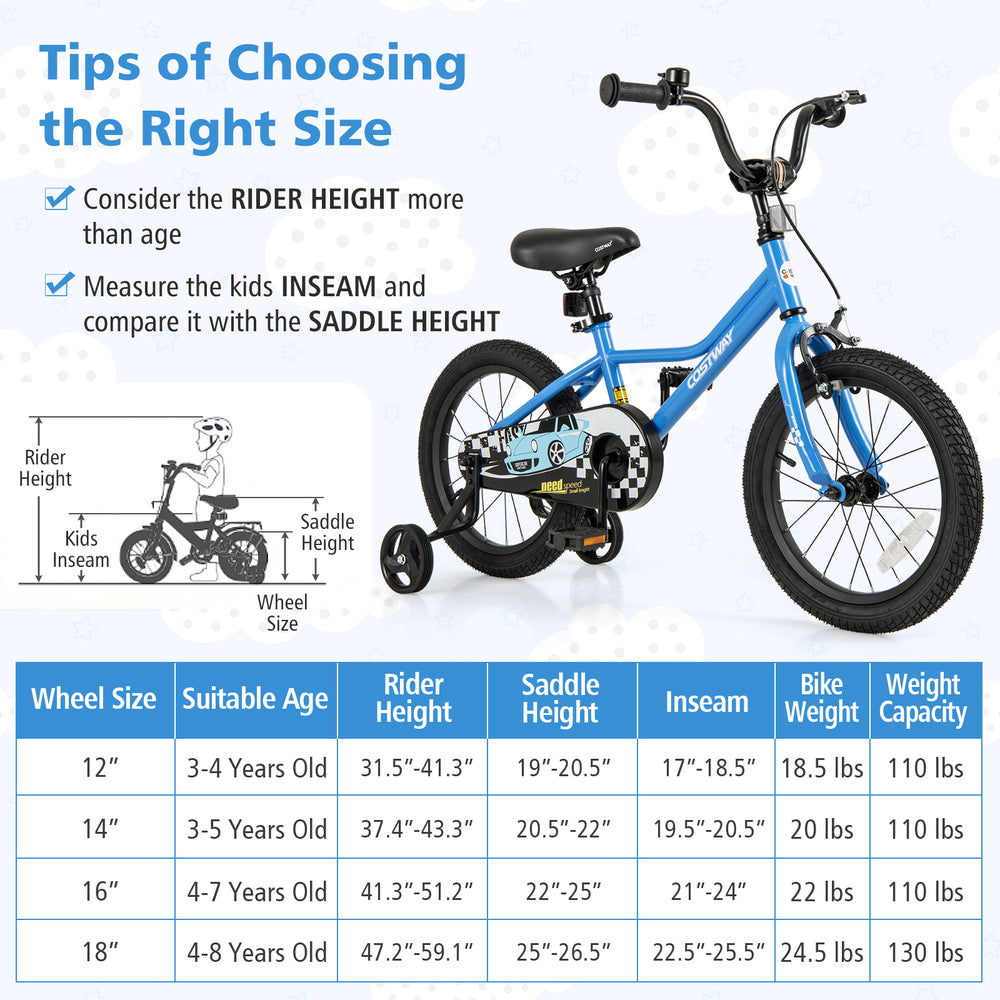 16-inch navy kids bike with adjustable saddle, training wheels, and hand brake for safe riding and learning.