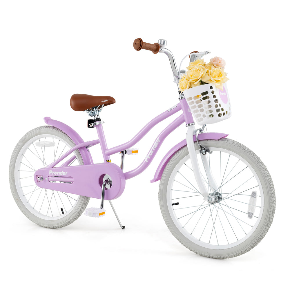 20-inch purple kids bike with removable basket, adjustable seat, dual brakes, and soft padded seat for comfortable.