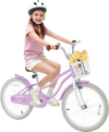 20-inch purple kids bike with removable basket, adjustable seat, dual brakes, and a soft padded seat for comfort.