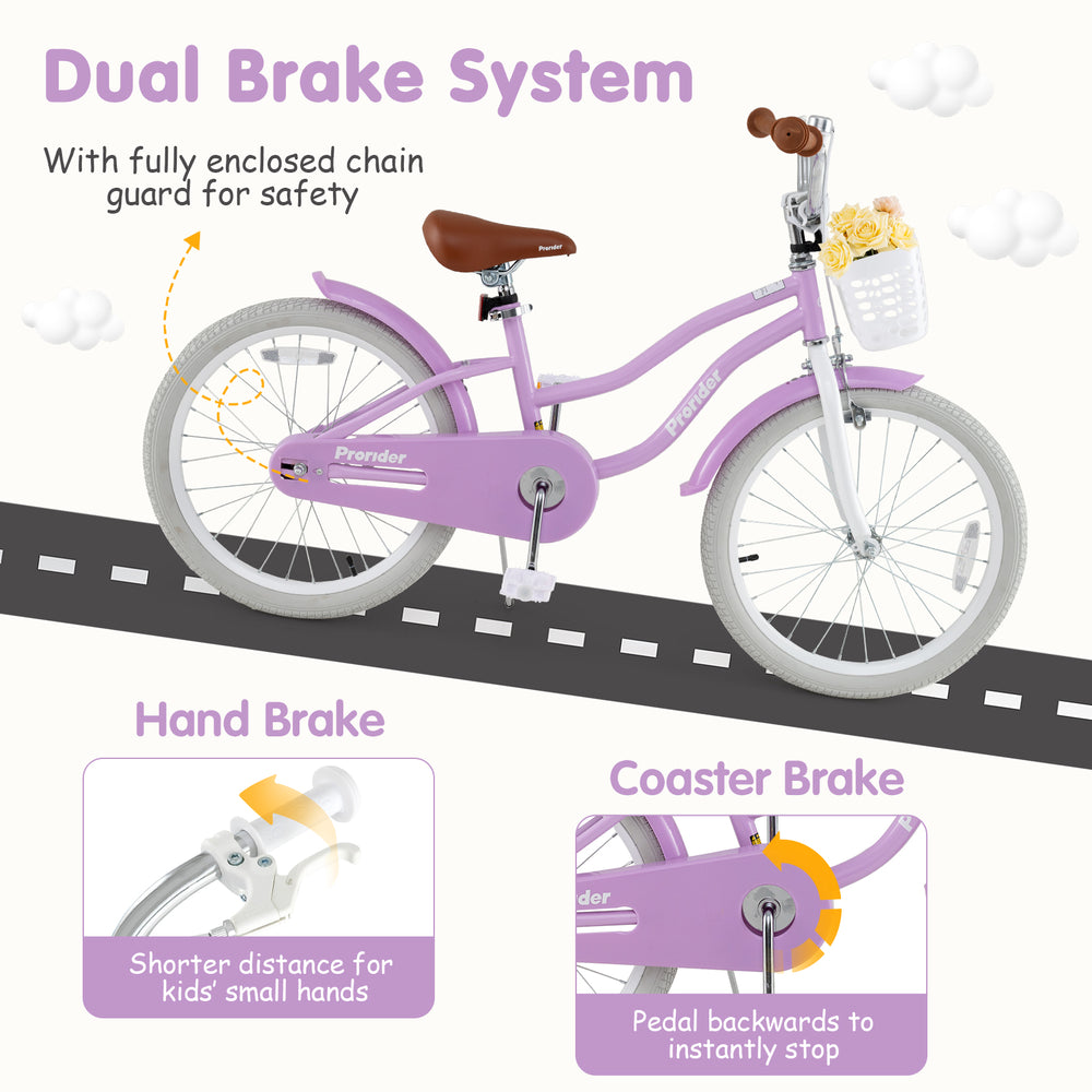 20-inch purple kids bike featuring a dual brake system, removable basket, and adjustable seat for growing children.