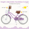 20-inch purple kids bike featuring height-adjustable seat and handlebars, removable basket, and dual brake system for.