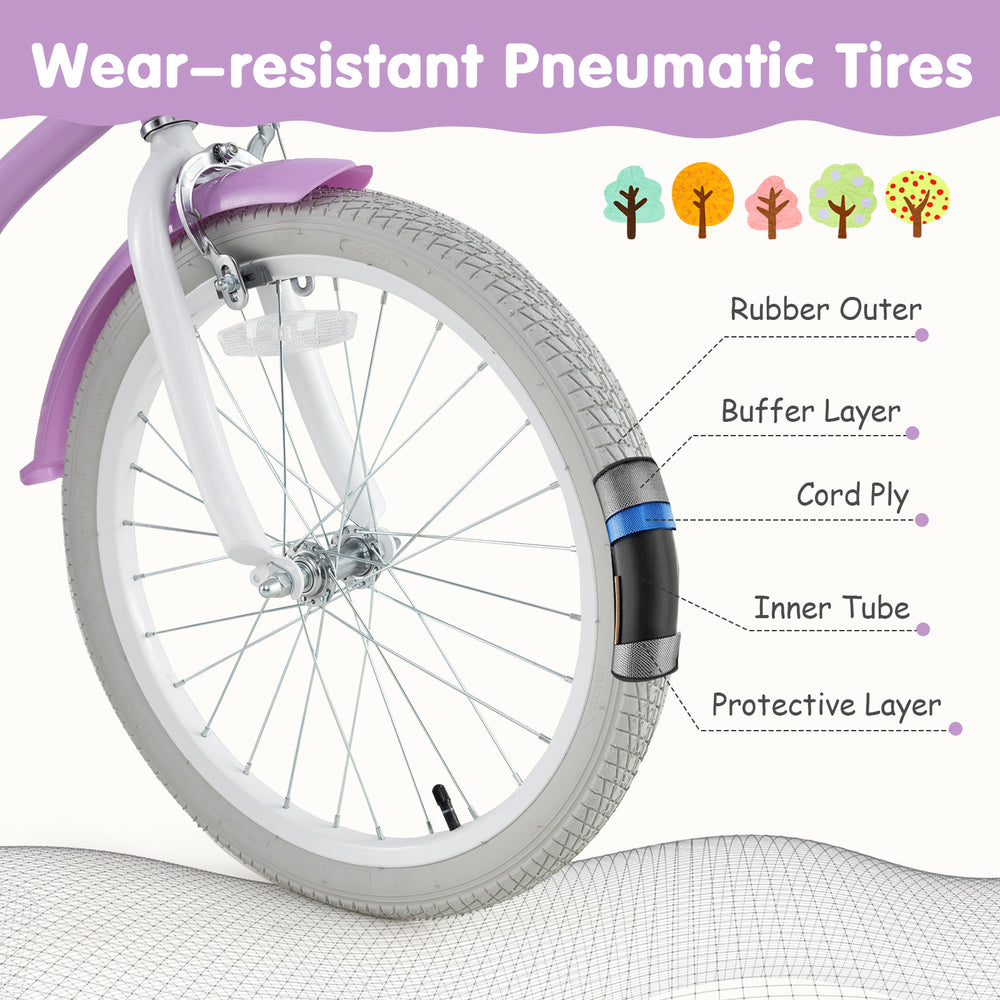 20-inch kids bike with durable wear-resistant pneumatic tires, featuring a removable basket and adjustable seat for.