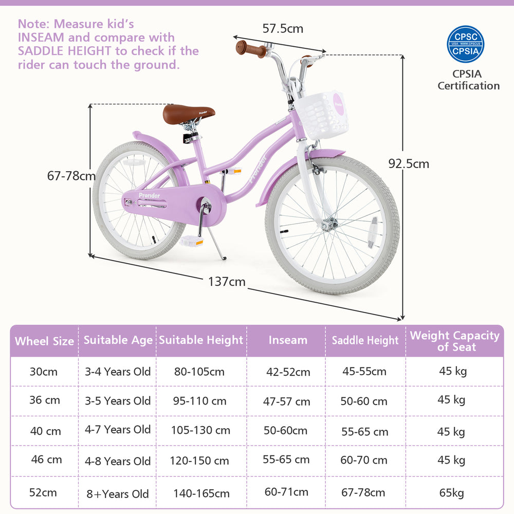 20-inch purple kids bike with removable basket, adjustable seat, dual brakes, and durable carbon steel frame for safe.