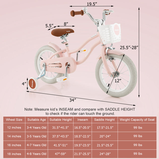 12-inch pink kids bike with removable basket, adjustable seat, dual brakes, and training wheels for safe riding.