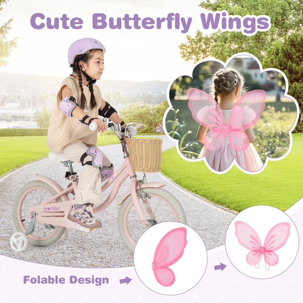 Cute pink butterfly wings on a 12-inch kids bike with helmet protective set, perfect for safe and fun riding.