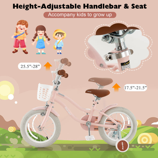 12-inch pink kids bike featuring height-adjustable seat, removable basket, and dual brake system for safe riding.