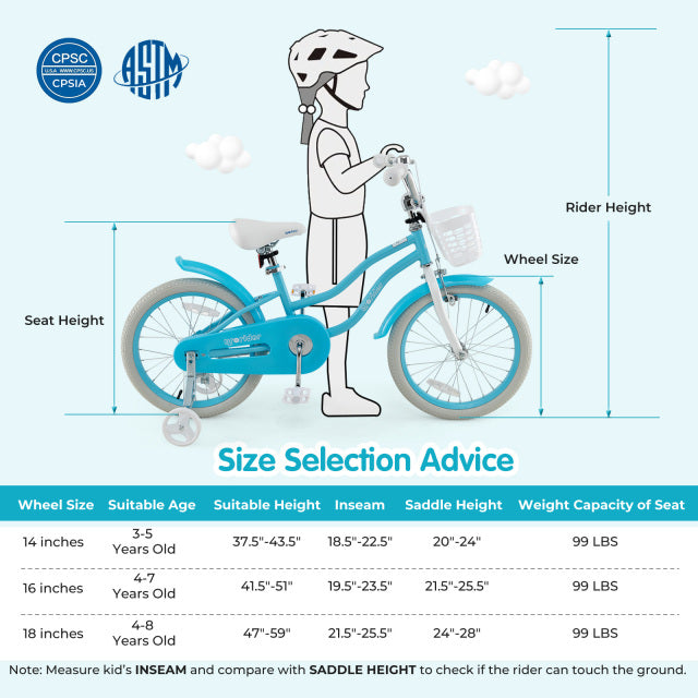 18-inch kids bike in blue with removable basket, adjustable seat, dual brakes, and training wheels for safe riding.